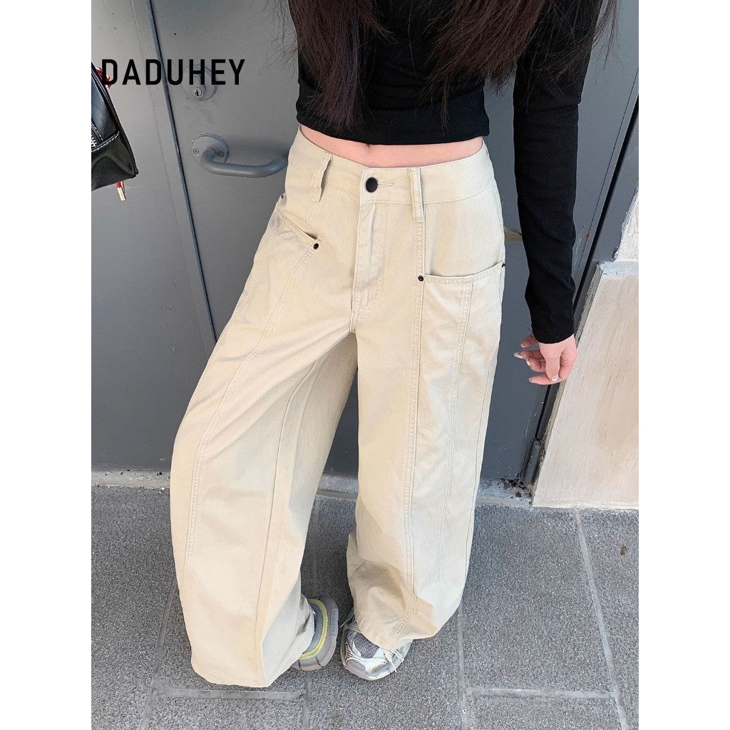 DaDuHey Women's Wide-Leg Jeans American Retro Loose Slimming and All-Matching White Trousers Small
