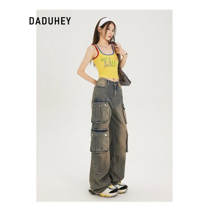 DaDuHey Workwear Women's Pants Women's Retro Street Trendy Cool Multi-Pocket Loose-Fitting Wide-Leg Trousers