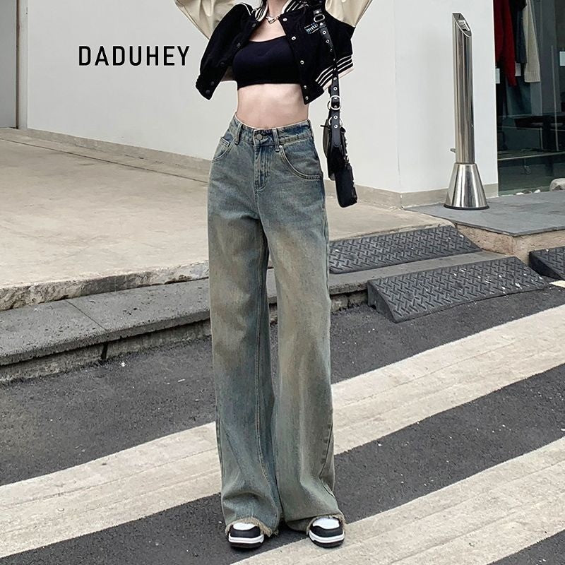 DADUHEY Distressed Straight Jeans Women | High-Waist Frayed Retro