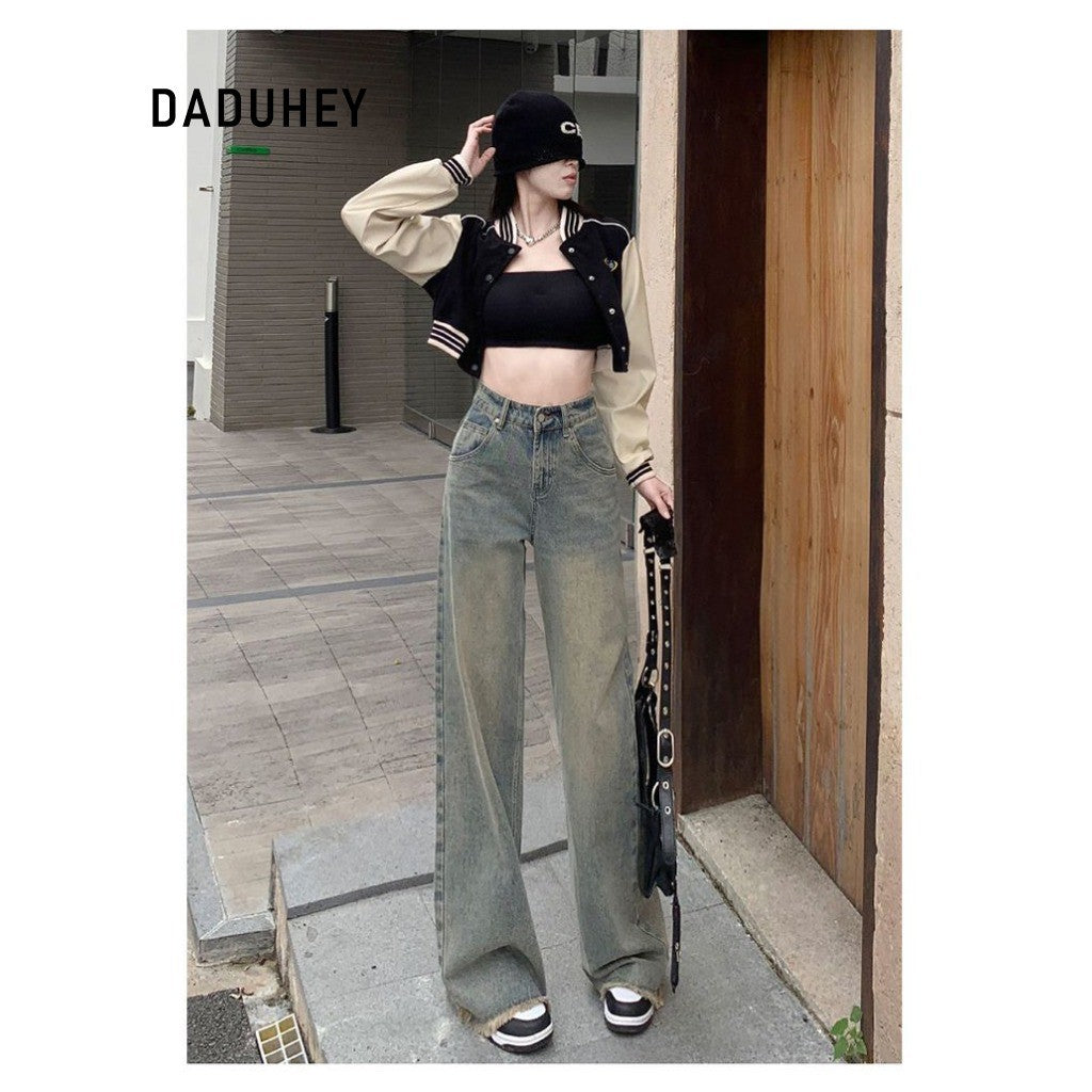 DADUHEY Distressed Straight Jeans Women | High-Waist Frayed Retro