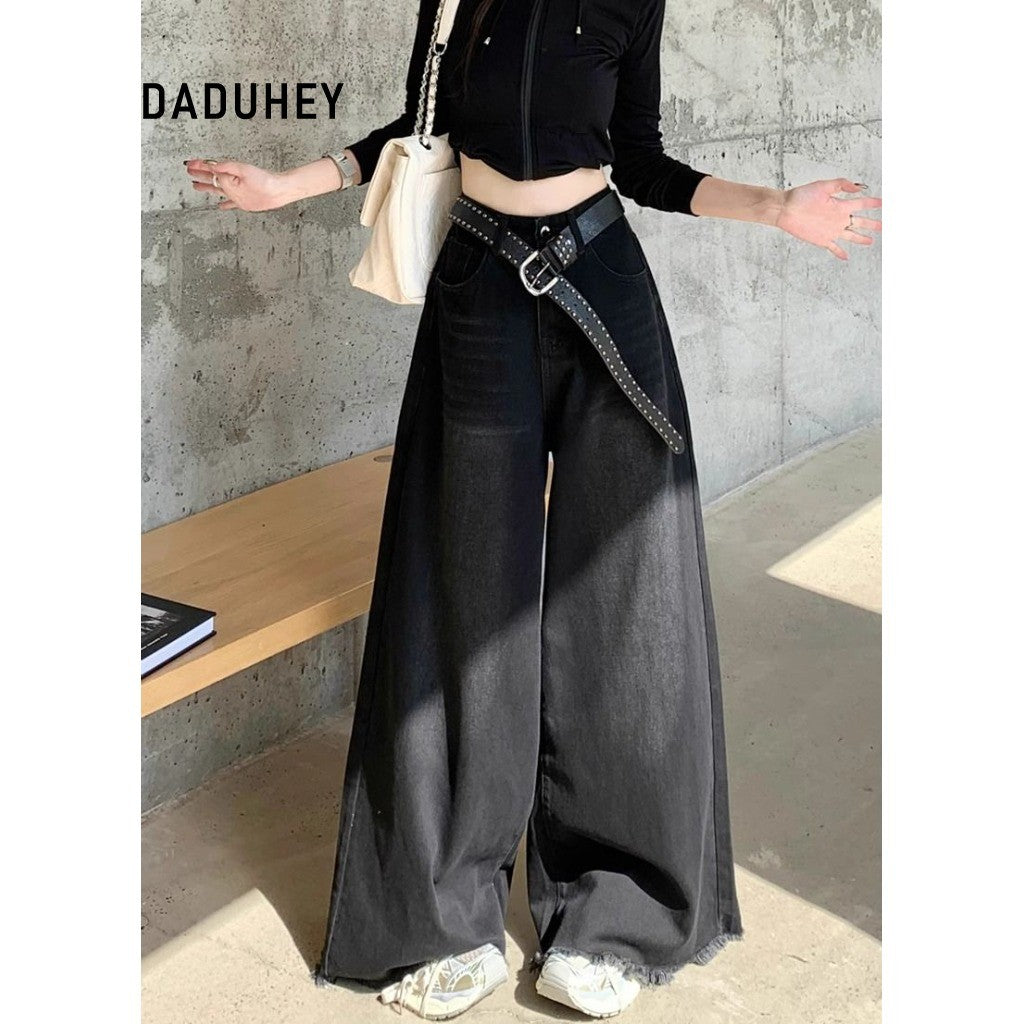 DADUHEY Black Grey Wide-Leg Jeans Women | Washed Distressed