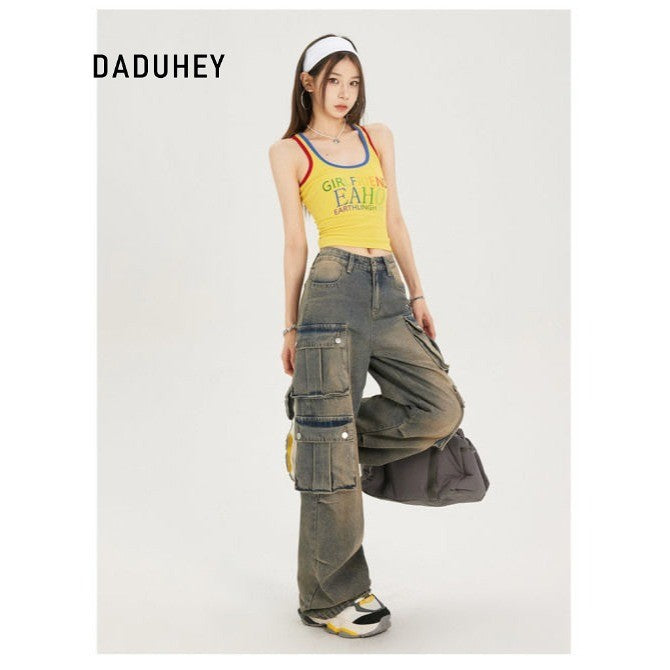 DaDuHey Workwear Women's Pants Women's Retro Street Trendy Cool Multi-Pocket Loose-Fitting Wide-Leg Trousers