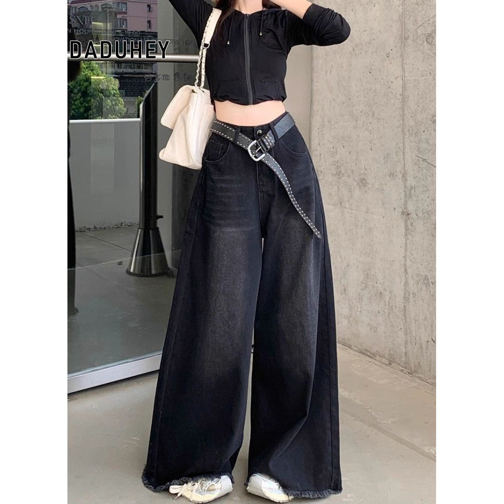 DADUHEY Black Grey Wide-Leg Jeans Women | Washed Distressed