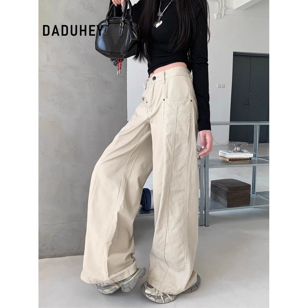 DaDuHey Women's Wide-Leg Jeans American Retro Loose Slimming and All-Matching White Trousers Small