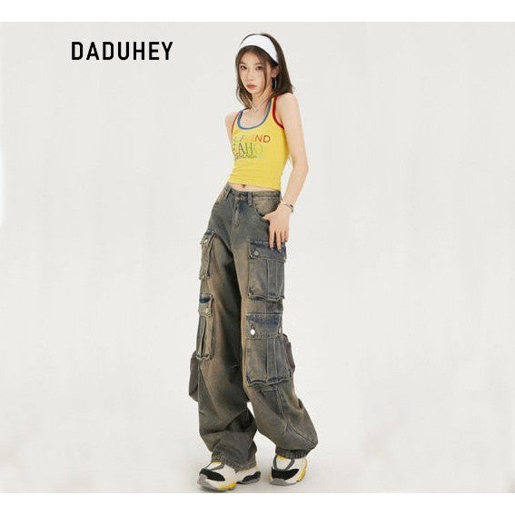 DaDuHey Workwear Women's Pants Women's Retro Street Trendy Cool Multi-Pocket Loose-Fitting Wide-Leg Trousers