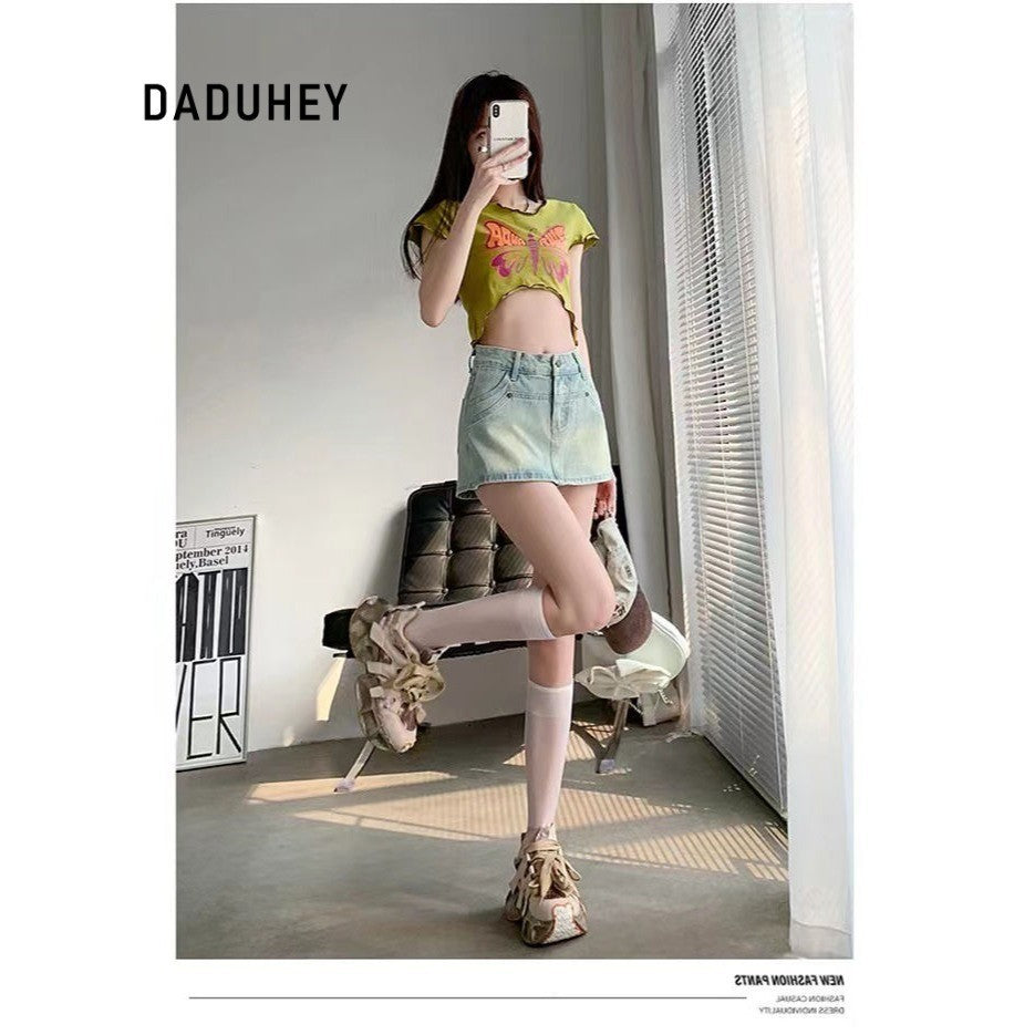 DaDuHey Denim Skirt Women's Korean-Style Hot Girl High Waist Slimming Light-Colored A- line Skirt with Lining Pants