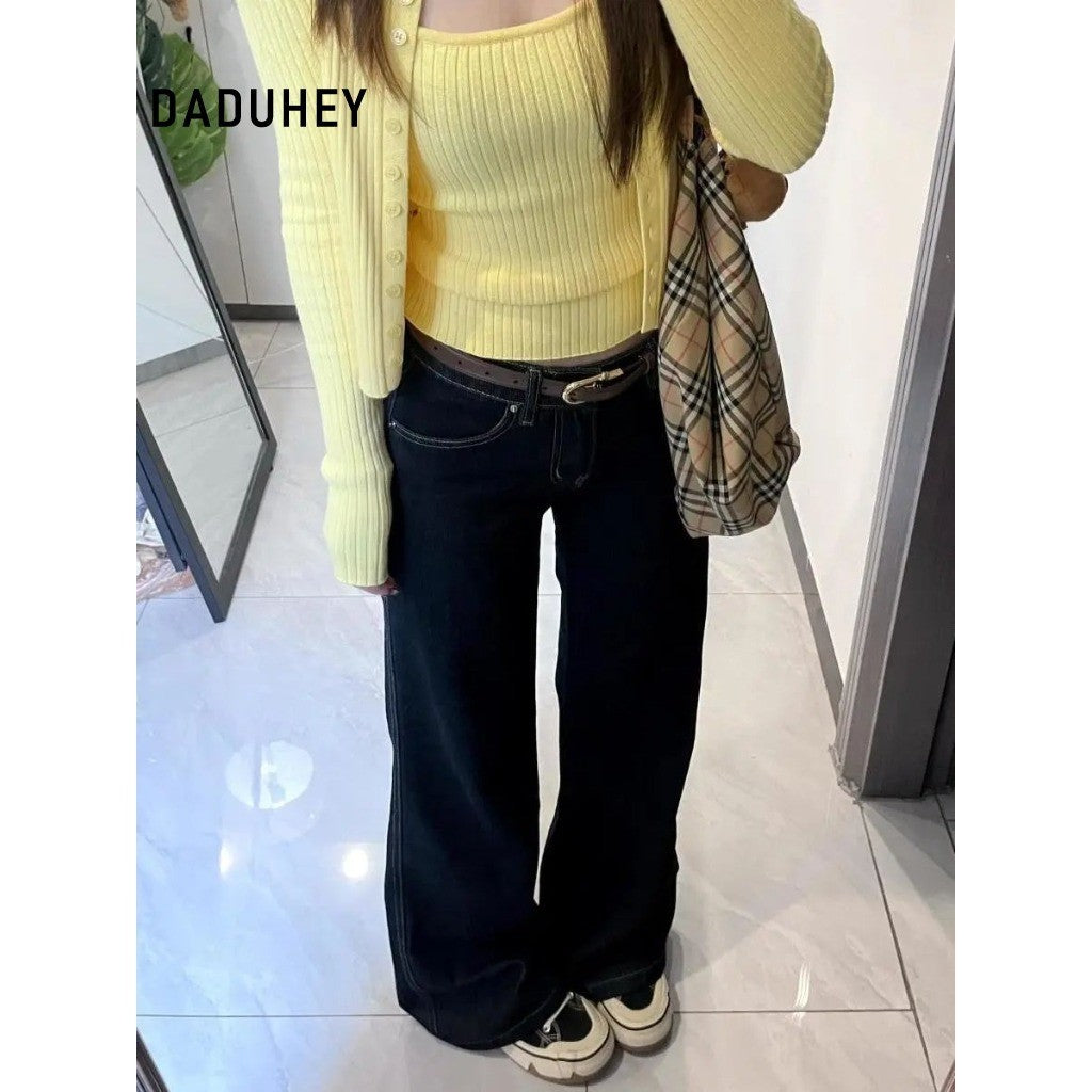 DaDuHey Women's Straight Jeans Korean-Style Retro Dark Blue Low Waist Bootcut Trousers | 9079