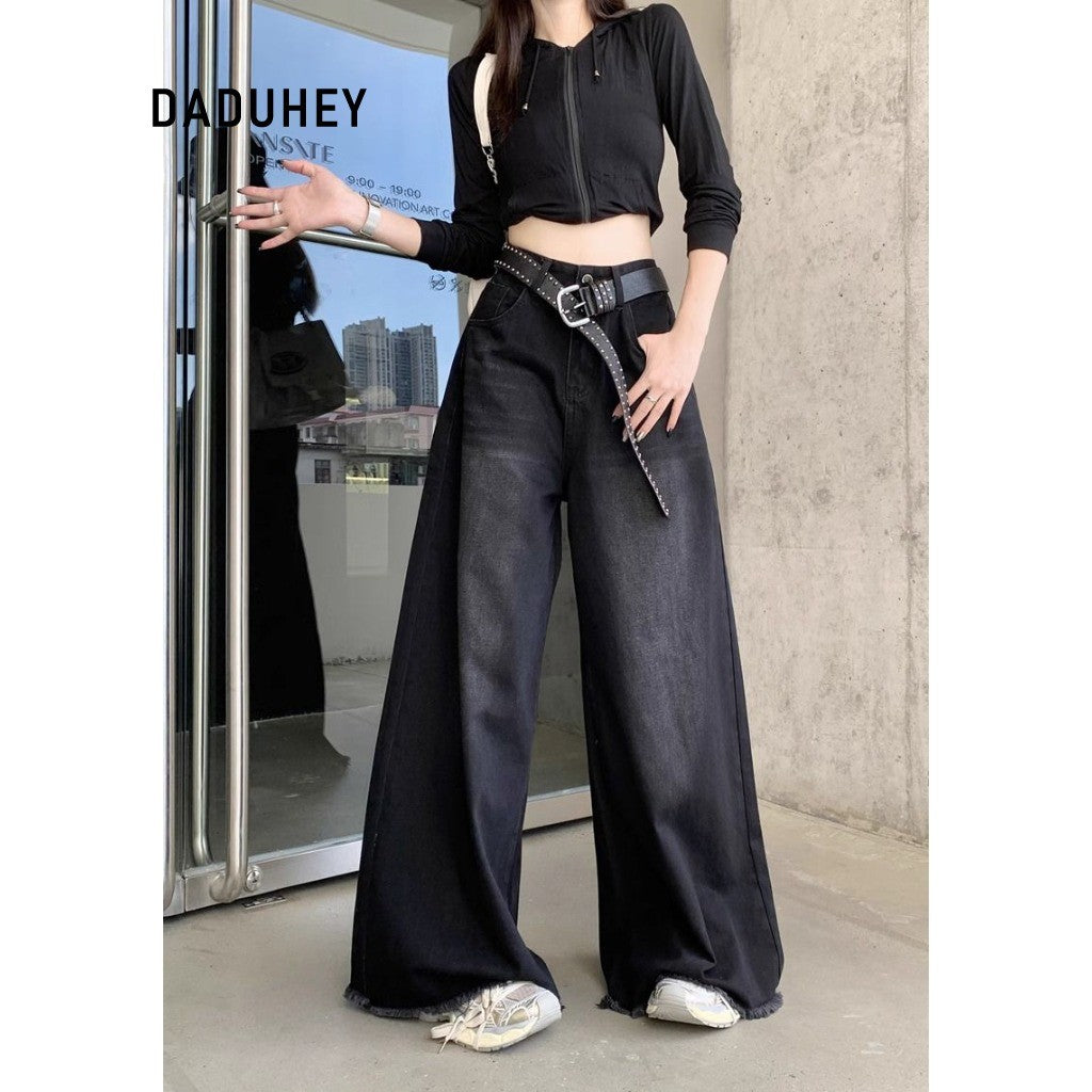 DADUHEY Black Grey Wide-Leg Jeans Women | Washed Distressed