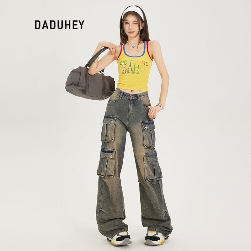 DaDuHey Workwear Women's Pants Women's Retro Street Trendy Cool Multi-Pocket Loose-Fitting Wide-Leg Trousers