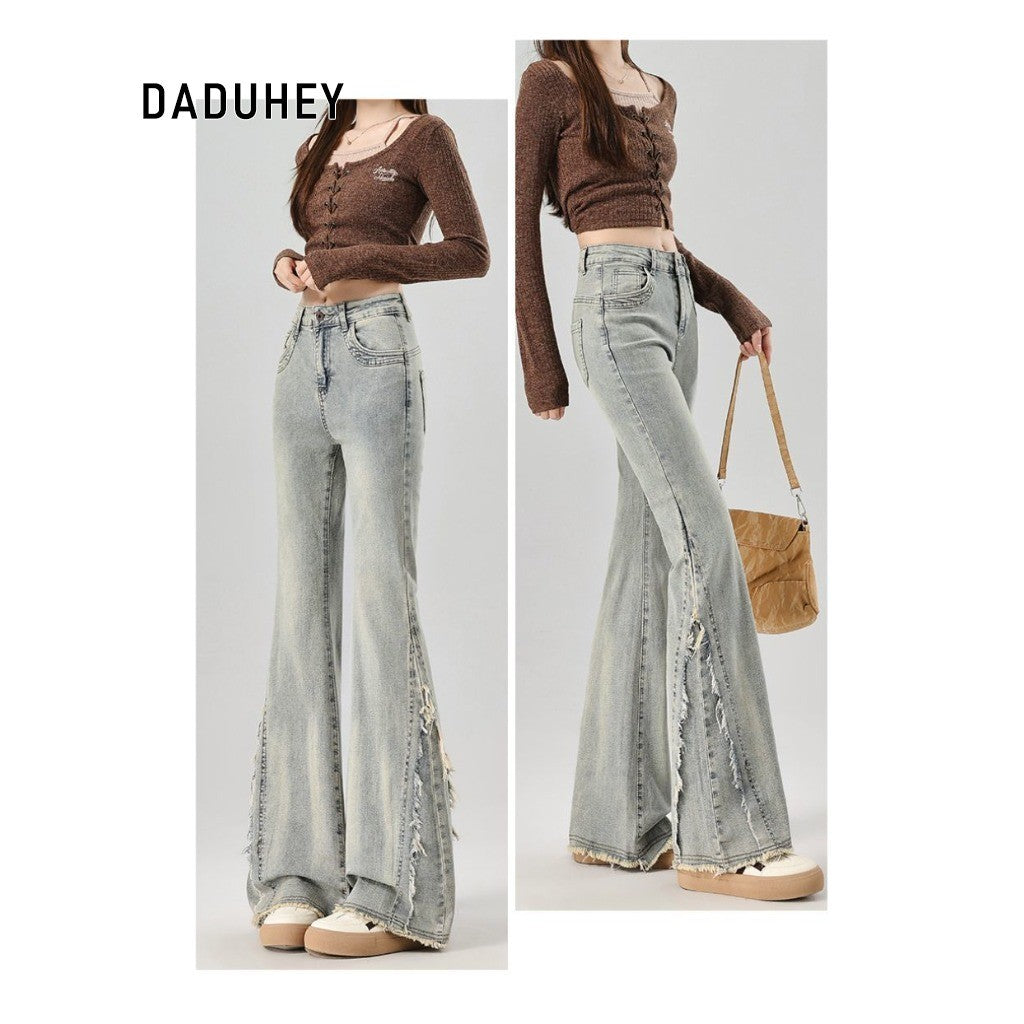 DADUHEY Flared Jeans Women | Retro High-Waist Raw Hem | 1968