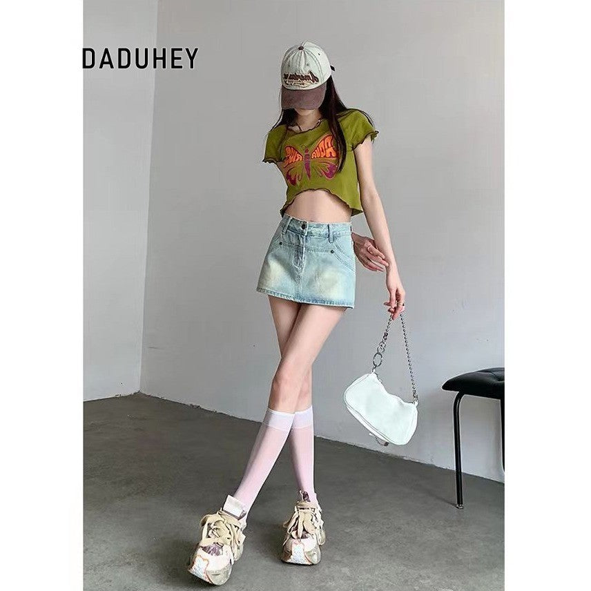 DaDuHey Denim Skirt Women's Korean-Style Hot Girl High Waist Slimming Light-Colored A- line Skirt with Lining Pants