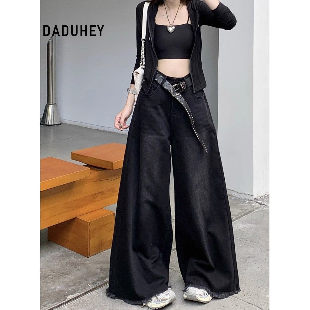 DADUHEY Black Grey Wide-Leg Jeans Women | Washed Distressed