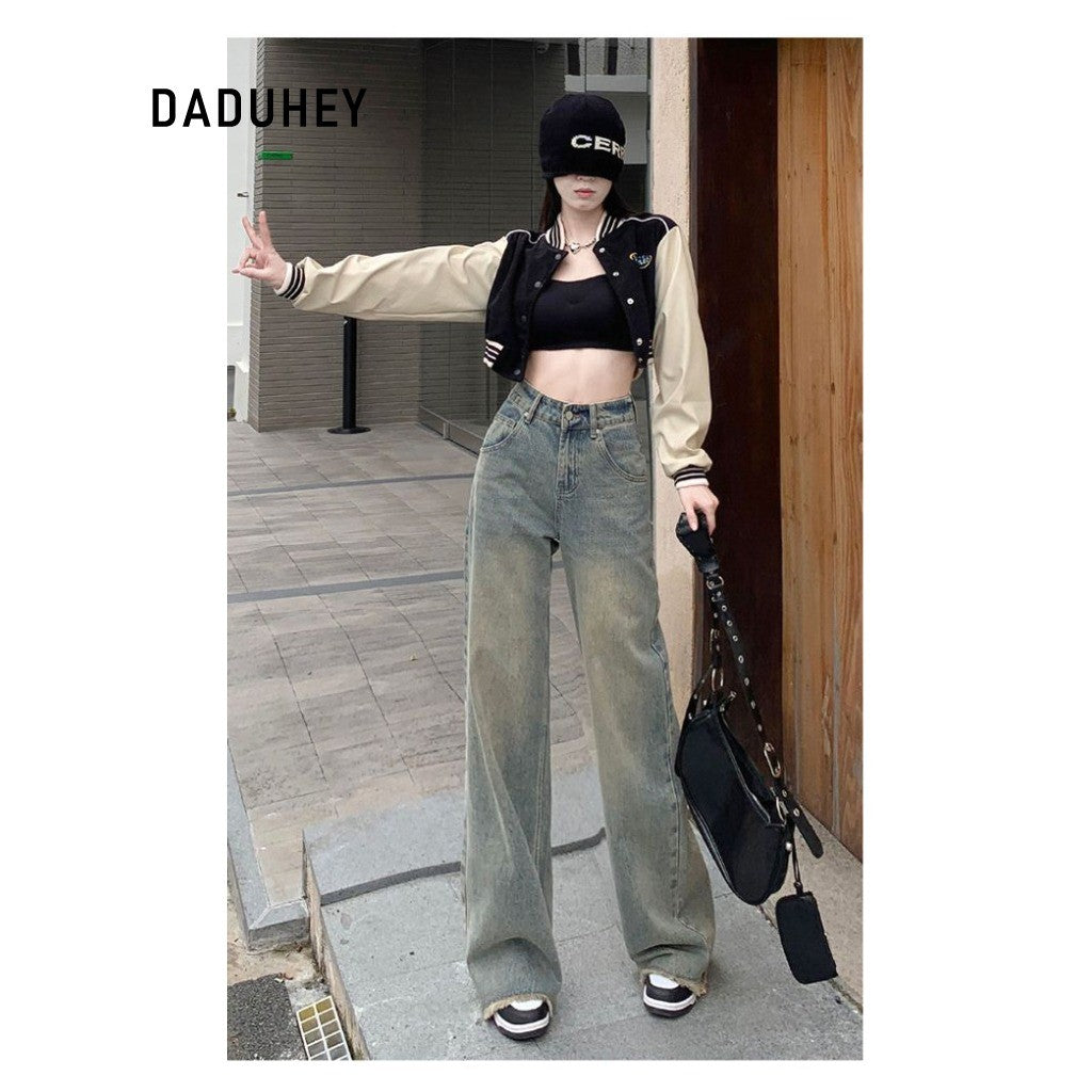 DADUHEY Distressed Straight Jeans Women | High-Waist Frayed Retro