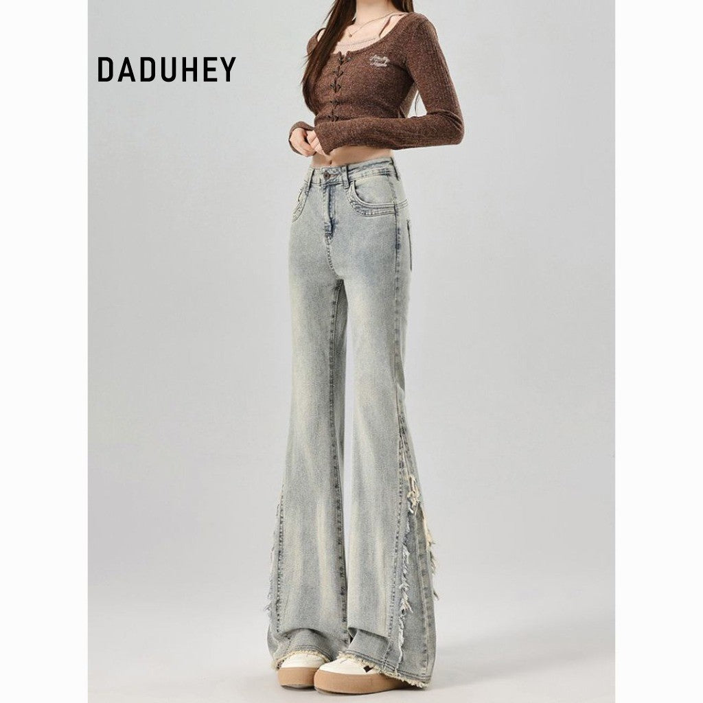 DADUHEY Flared Jeans Women | Retro High-Waist Raw Hem | 1968