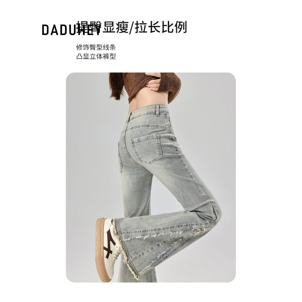 DADUHEY Flared Jeans Women | Retro High-Waist Raw Hem | 1968