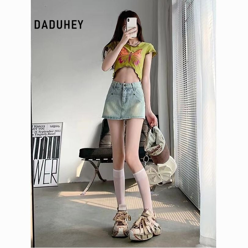 DaDuHey Denim Skirt Women's Korean-Style Hot Girl High Waist Slimming Light-Colored A- line Skirt with Lining Pants