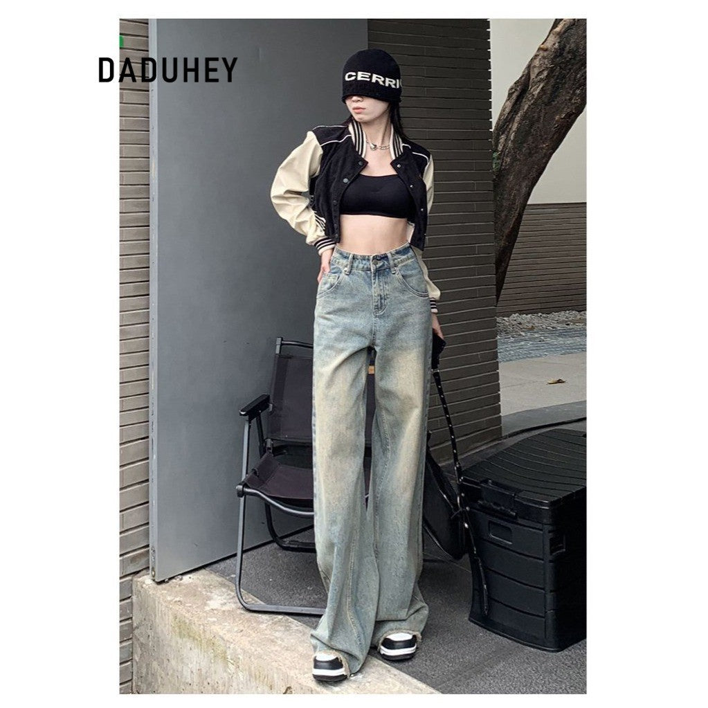 DADUHEY Distressed Straight Jeans Women | High-Waist Frayed Retro