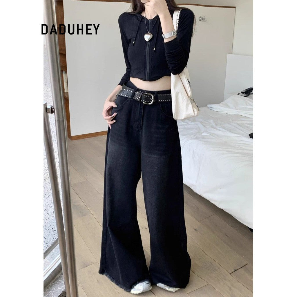 DADUHEY Black Grey Wide-Leg Jeans Women | Washed Distressed