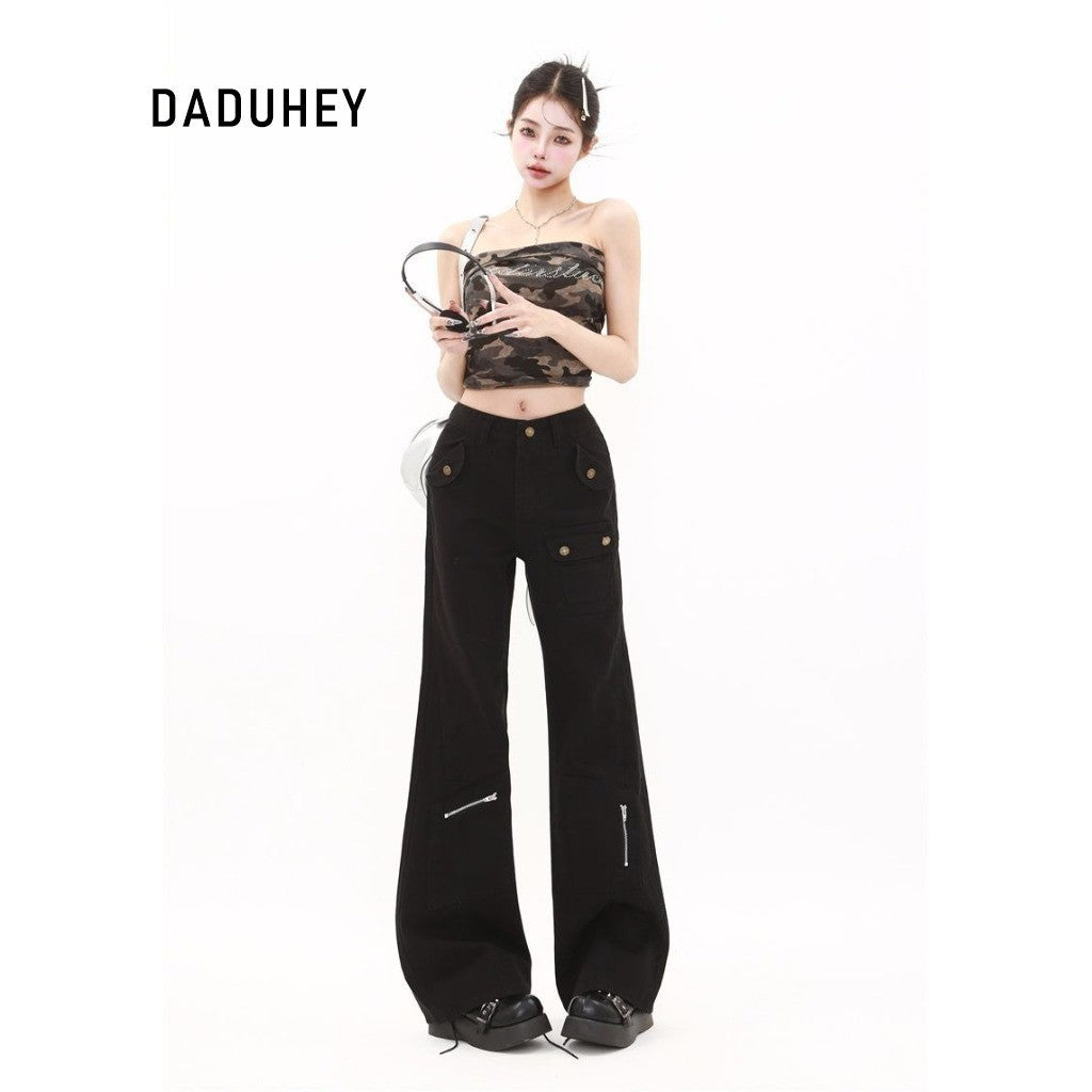 DaDuHey Straight-Leg Denim Overalls Women's American Retro High Waist Multi-Pocket Design | 1756