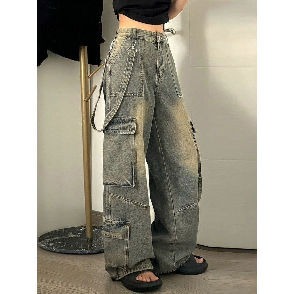 DADUHEY 2025 American High Street Retro Women's Multi-Pocket Casual Straight-Leg Loose Cargo Jeans
