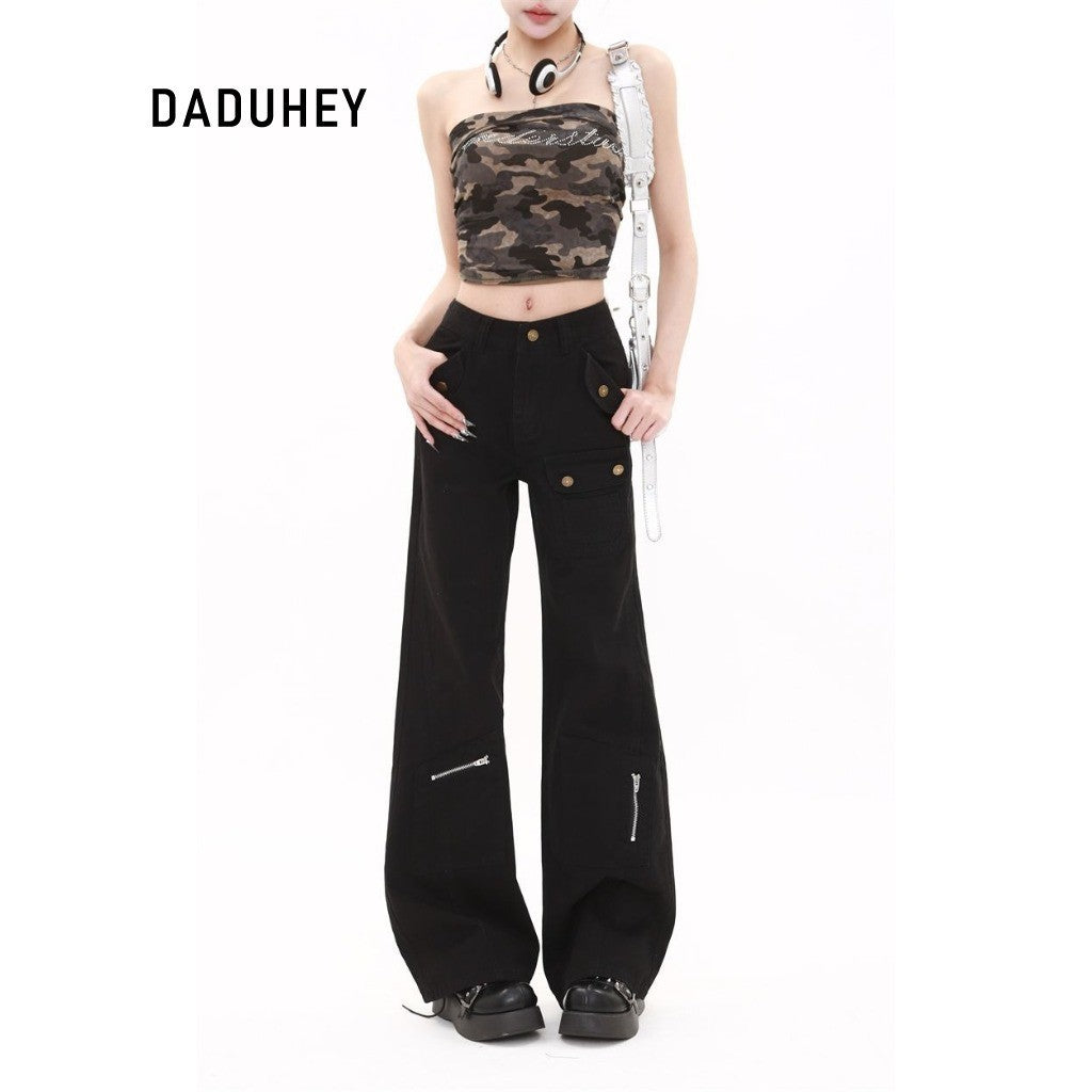 DaDuHey Straight-Leg Denim Overalls Women's American Retro High Waist Multi-Pocket Design | 1756