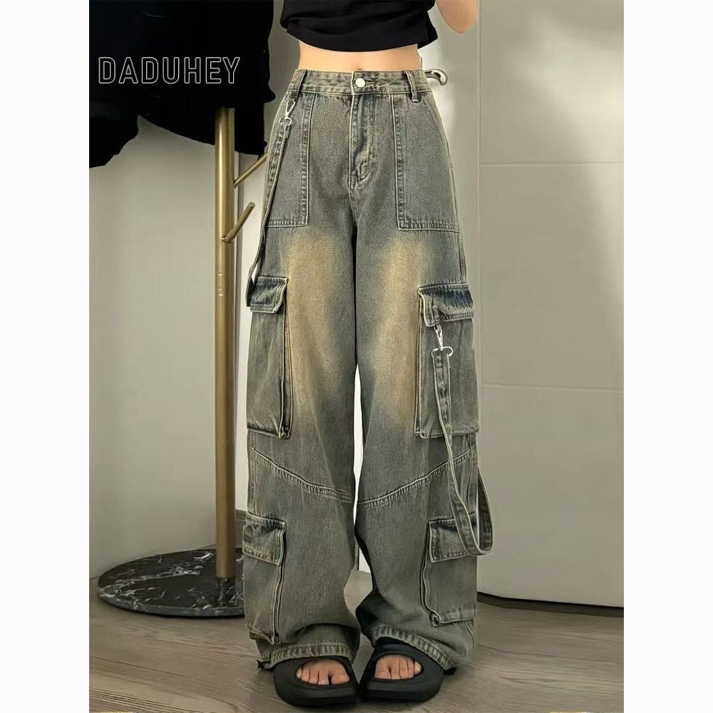 DADUHEY 2025 American High Street Retro Women's Multi-Pocket Casual Straight-Leg Loose Cargo Jeans