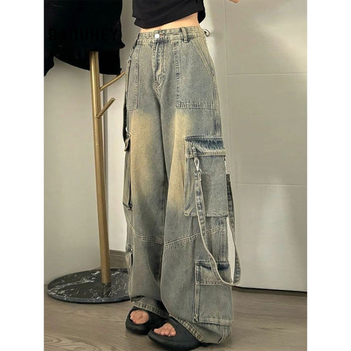 DADUHEY 2025 American High Street Retro Women's Multi-Pocket Casual Straight-Leg Loose Cargo Jeans