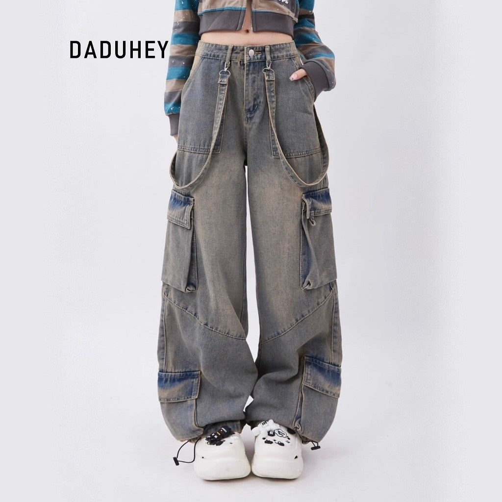 DADUHEY 2026 American High Street Retro Women's Multi-Pocket Casual Straight-Leg Loose Cargo Jeans