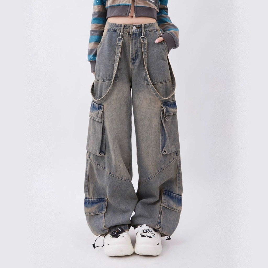 DADUHEY 2026 American High Street Retro Women's Multi-Pocket Casual Straight-Leg Loose Cargo Jeans