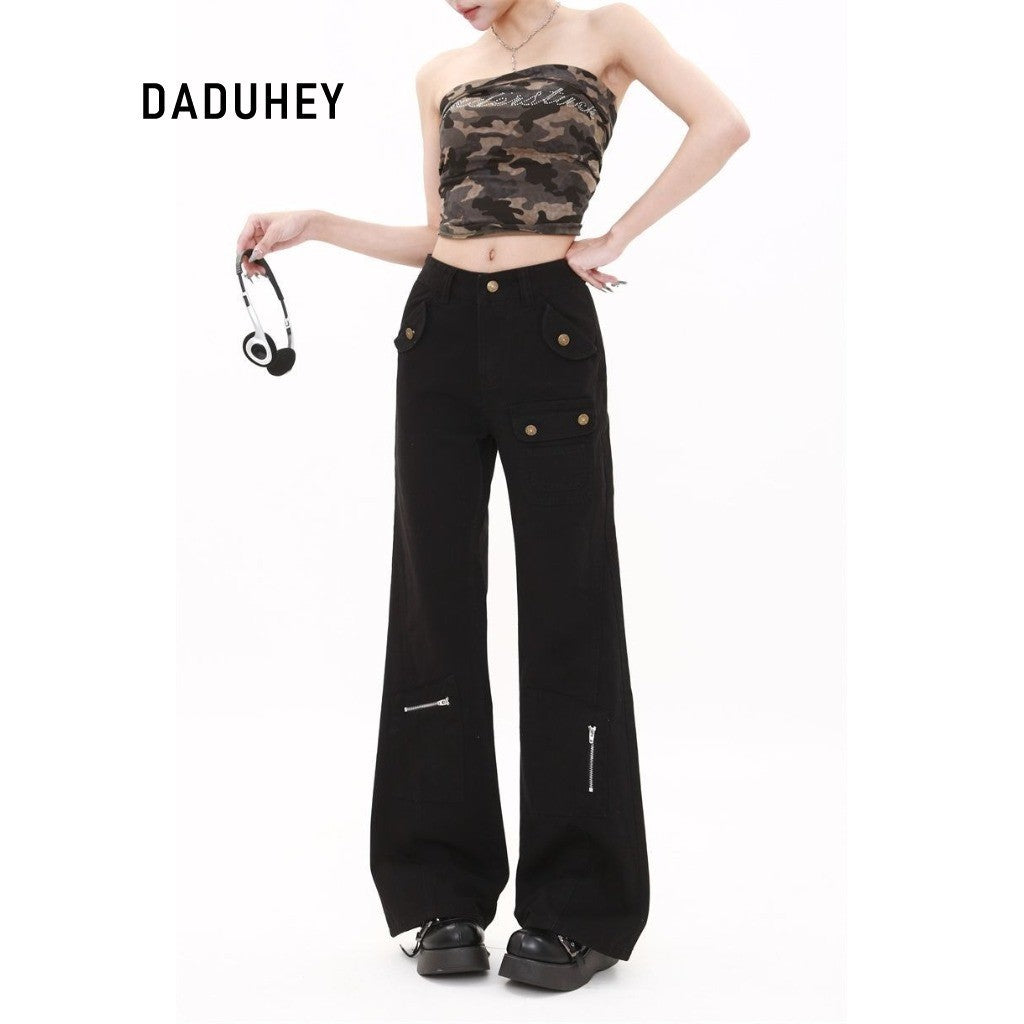 DaDuHey Straight-Leg Denim Overalls Women's American Retro High Waist Multi-Pocket Design | 1756