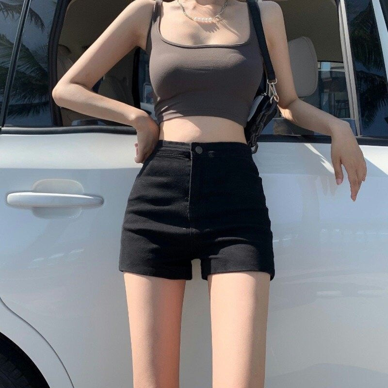 DADUHEY Black High-Waist A-Line Denim Shorts Women | 509