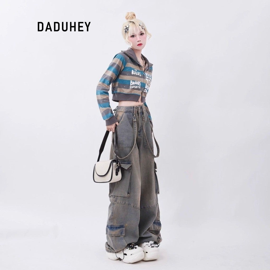 DADUHEY 2026 American High Street Retro Women's Multi-Pocket Casual Straight-Leg Loose Cargo Jeans