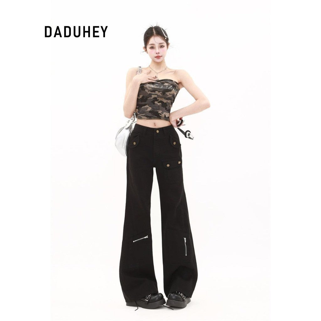 DaDuHey Straight-Leg Denim Overalls Women's American Retro High Waist Multi-Pocket Design | 1756