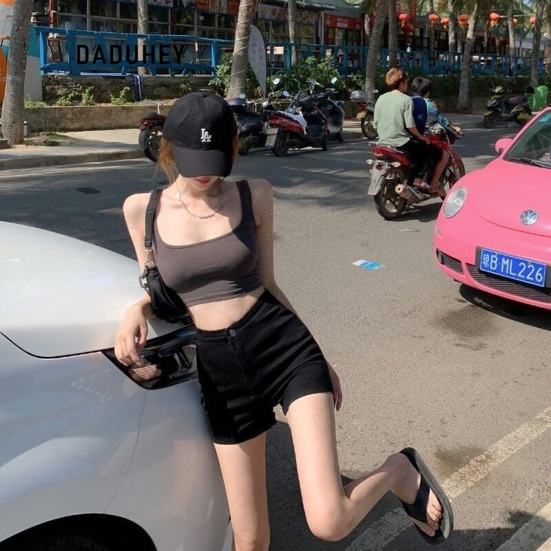 DADUHEY Black High-Waist A-Line Denim Shorts Women | 509