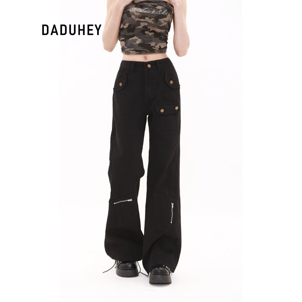 DaDuHey Straight-Leg Denim Overalls Women's American Retro High Waist Multi-Pocket Design | 1756