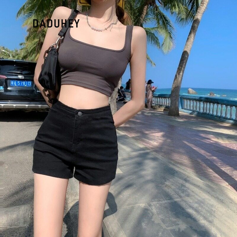 DADUHEY Black High-Waist A-Line Denim Shorts Women | 509