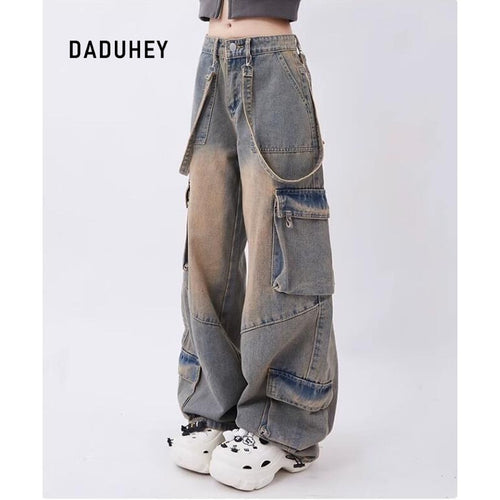 DADUHEY 2026 American High Street Retro Women's Multi-Pocket Casual Straight-Leg Loose Cargo Jeans