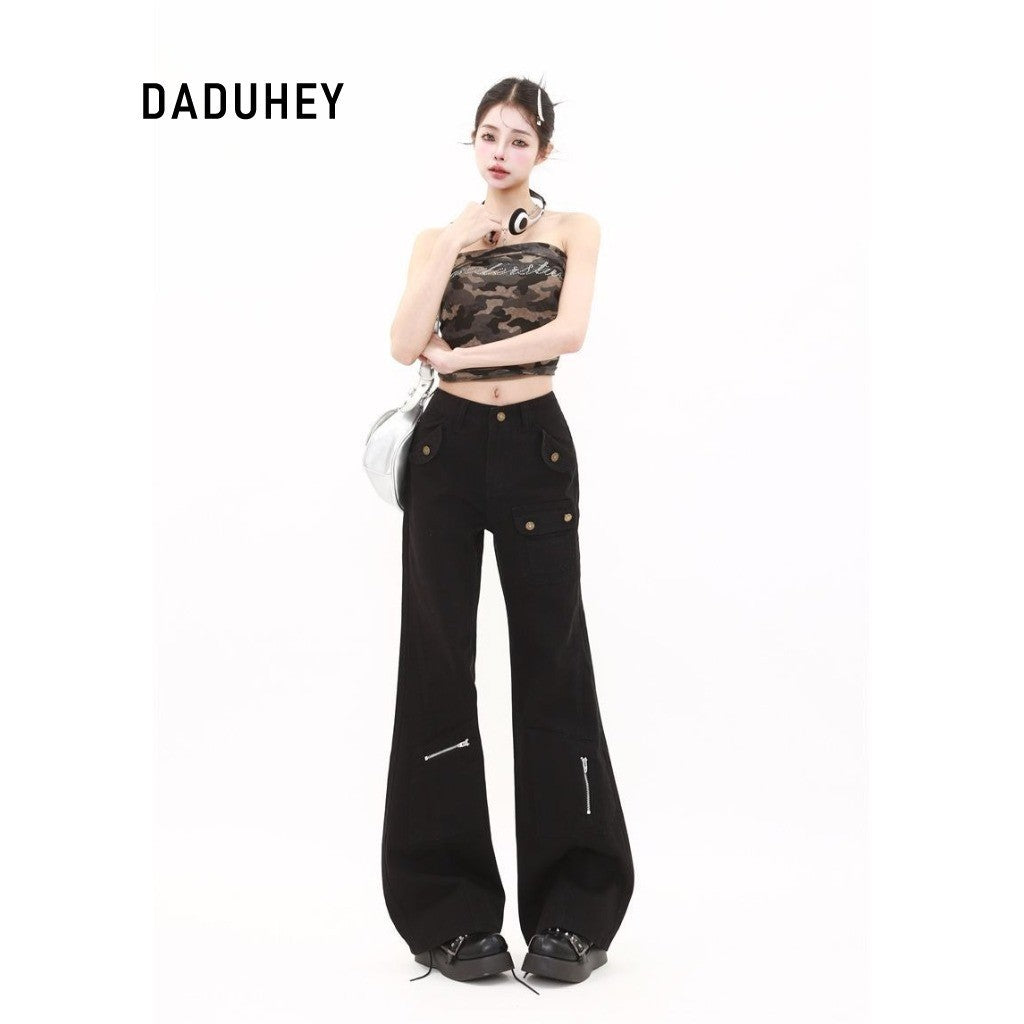 DaDuHey Straight-Leg Denim Overalls Women's American Retro High Waist Multi-Pocket Design | 1756
