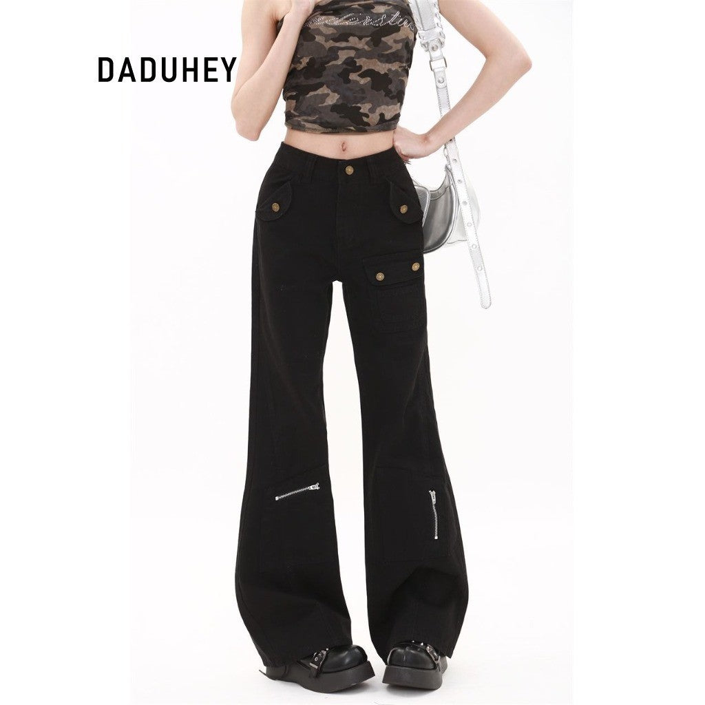 DaDuHey Straight-Leg Denim Overalls Women's American Retro High Waist Multi-Pocket Design | 1756