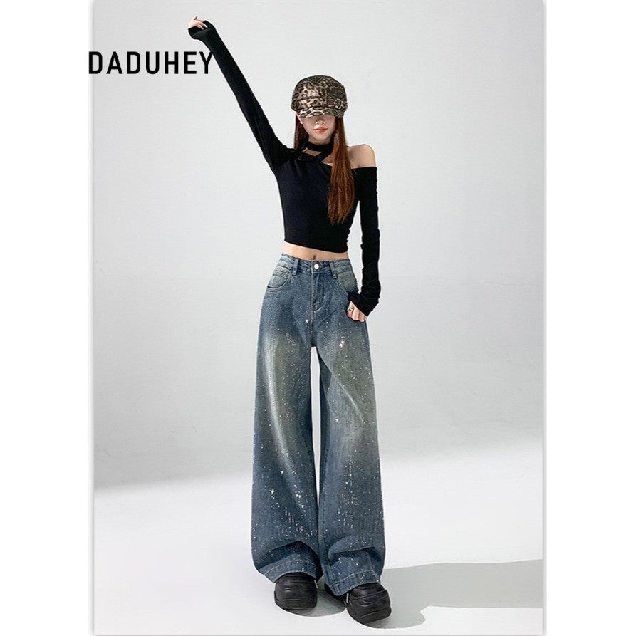 DADUHEY Rhinestone Wide-Leg Jeans Women | High-Waist Slimming