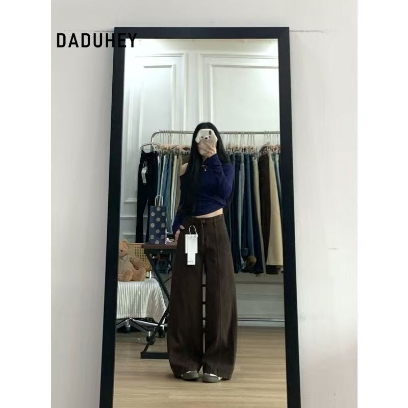DADUHEY Coffee Wash Wide-Leg Cargo Jeans Women | Retro Straight