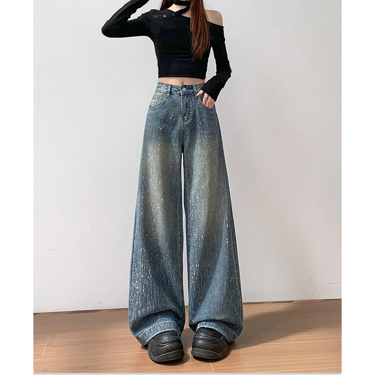 DADUHEY Rhinestone Wide-Leg Jeans Women | High-Waist Slimming