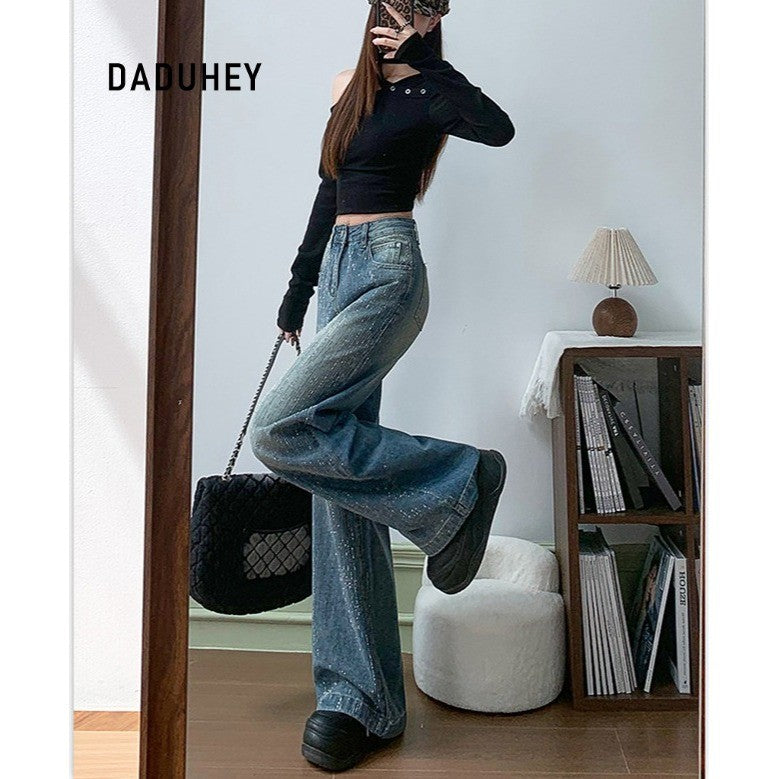 DADUHEY Rhinestone Wide-Leg Jeans Women | High-Waist Slimming