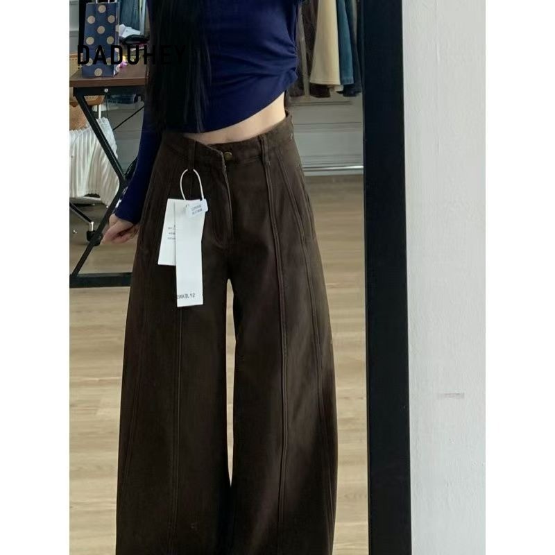 DADUHEY Coffee Wash Wide-Leg Cargo Jeans Women | Retro Straight