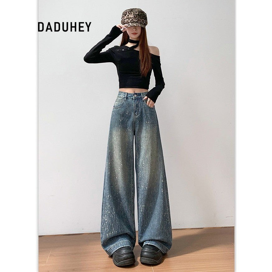 DADUHEY Rhinestone Wide-Leg Jeans Women | High-Waist Slimming