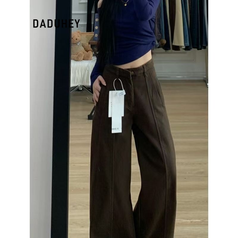 DADUHEY Coffee Wash Wide-Leg Cargo Jeans Women | Retro Straight