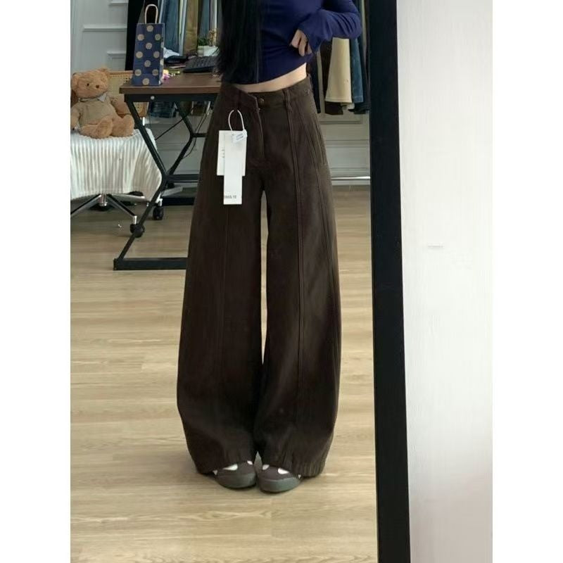 DADUHEY Coffee Wash Wide-Leg Cargo Jeans Women | Retro Straight