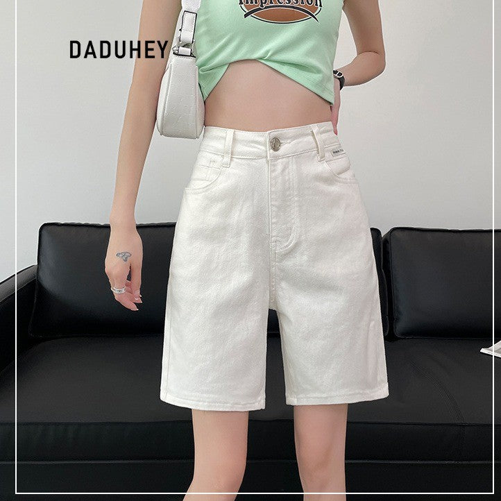 DADUHEY White Straight Denim Shorts Women | Slimming Fit