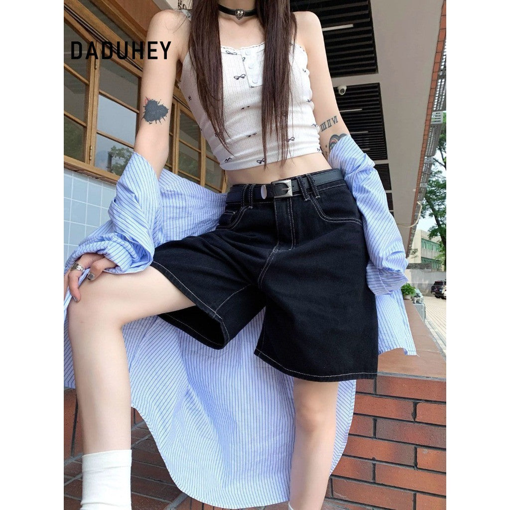 DADUHEY Black Denim Shorts Women | High-Waist Wide-Leg Slimming