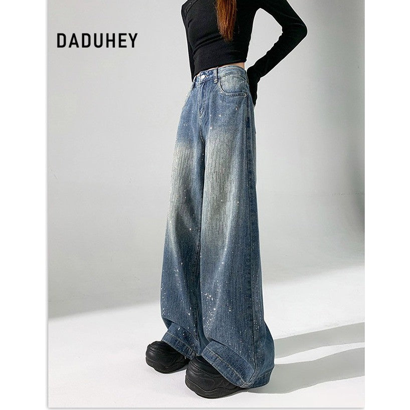 DADUHEY Rhinestone Wide-Leg Jeans Women | High-Waist Slimming